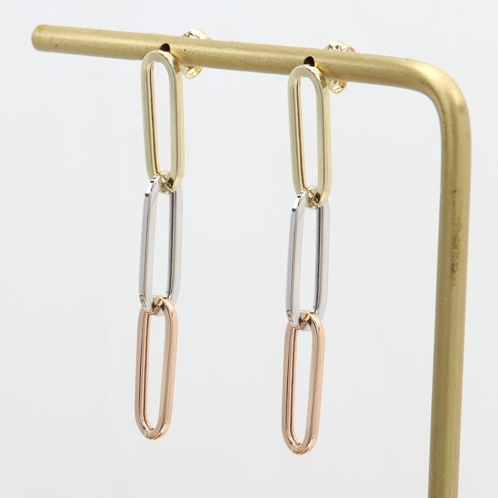 3 Color Gold Paperclip Earrings 5mm   1.5' Inch long Dangle Earrings Real 14k Go